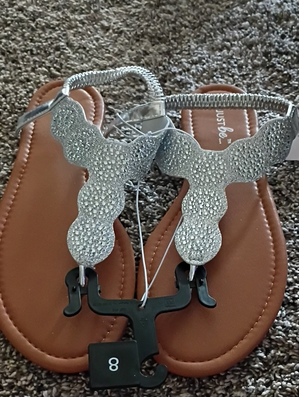 just be Silver Rhinestone T-Strap Sandals with Brown Footbed